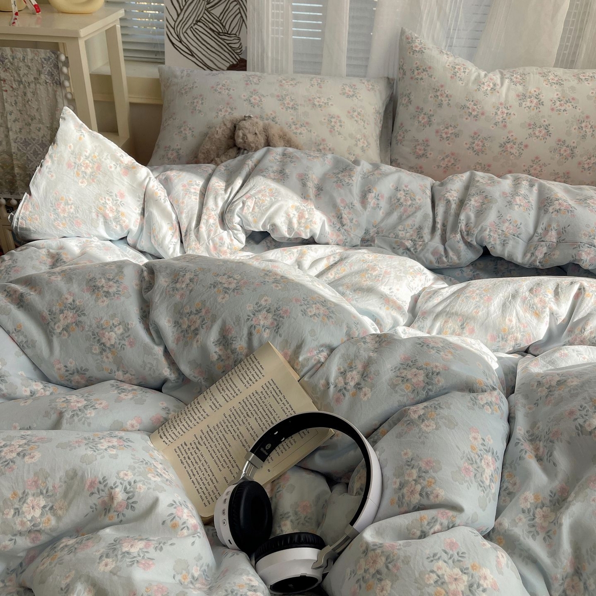 91家纺网 家纺一手货源 找家纺 初念 2026新款A类小清新古法简约水洗棉四件套 气泡蓝莓