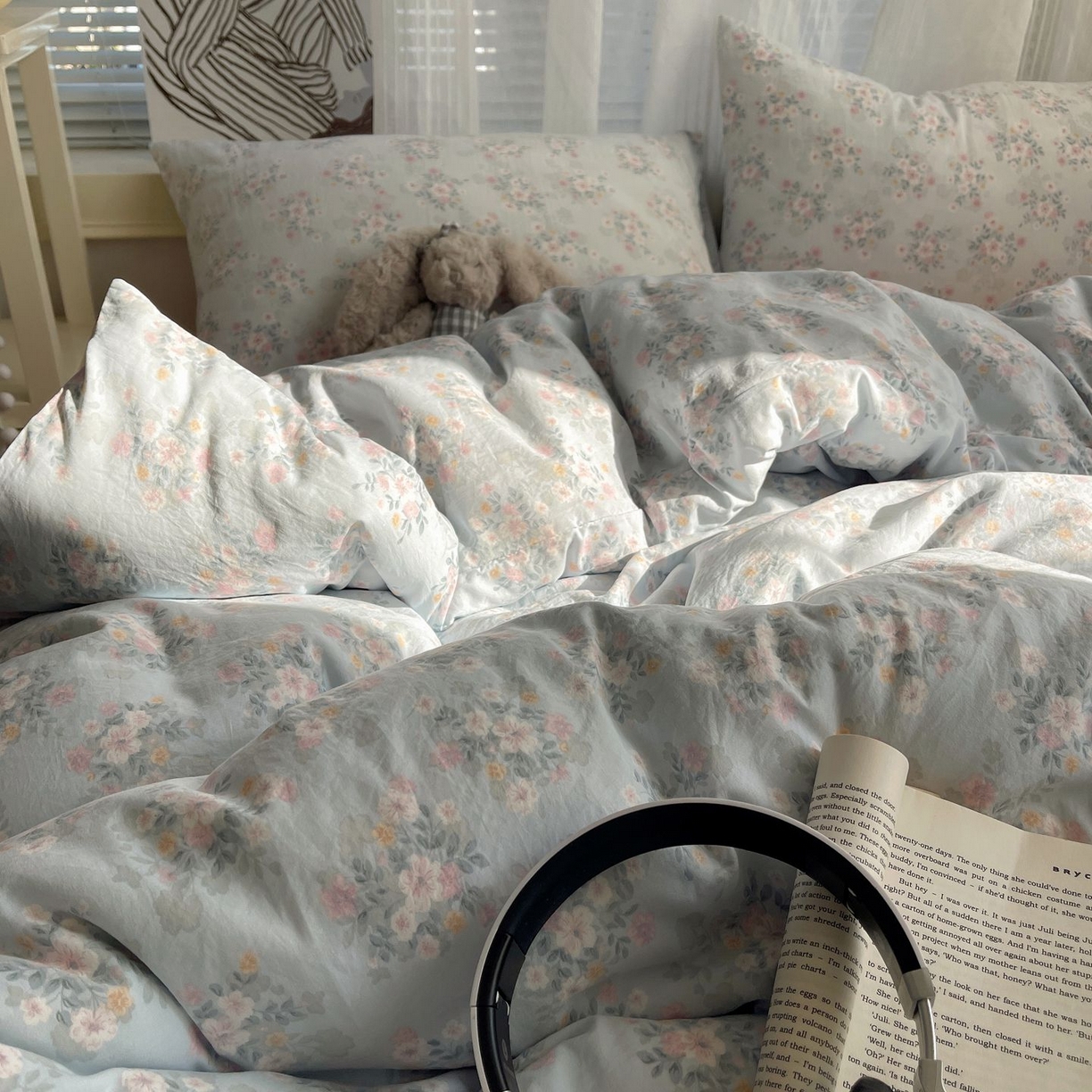 91家纺网 家纺一手货源 找家纺 初念 2026新款A类小清新古法简约水洗棉四件套 气泡蓝莓