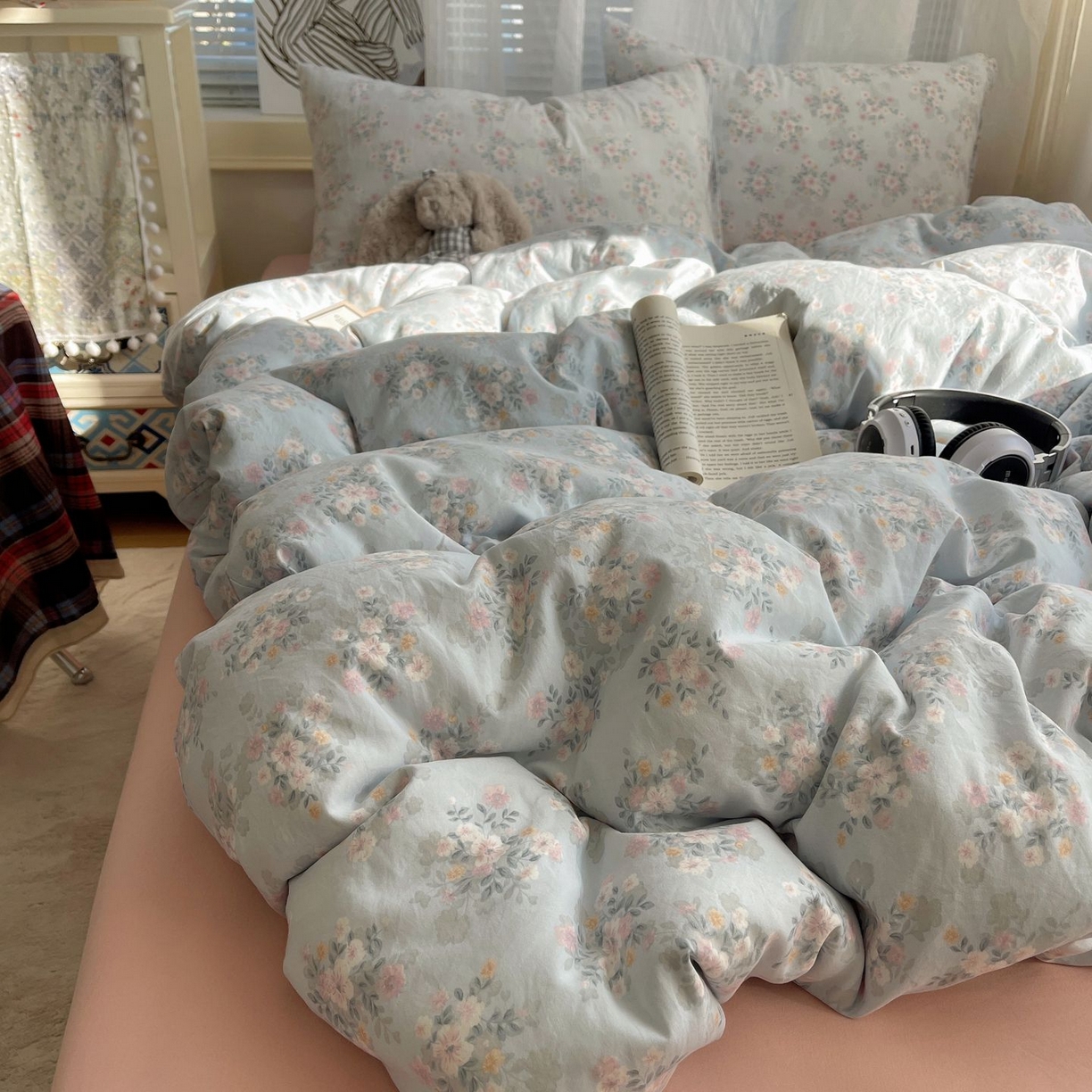 91家纺网 家纺一手货源 找家纺 初念 2026新款A类小清新古法简约水洗棉四件套 气泡蓝莓