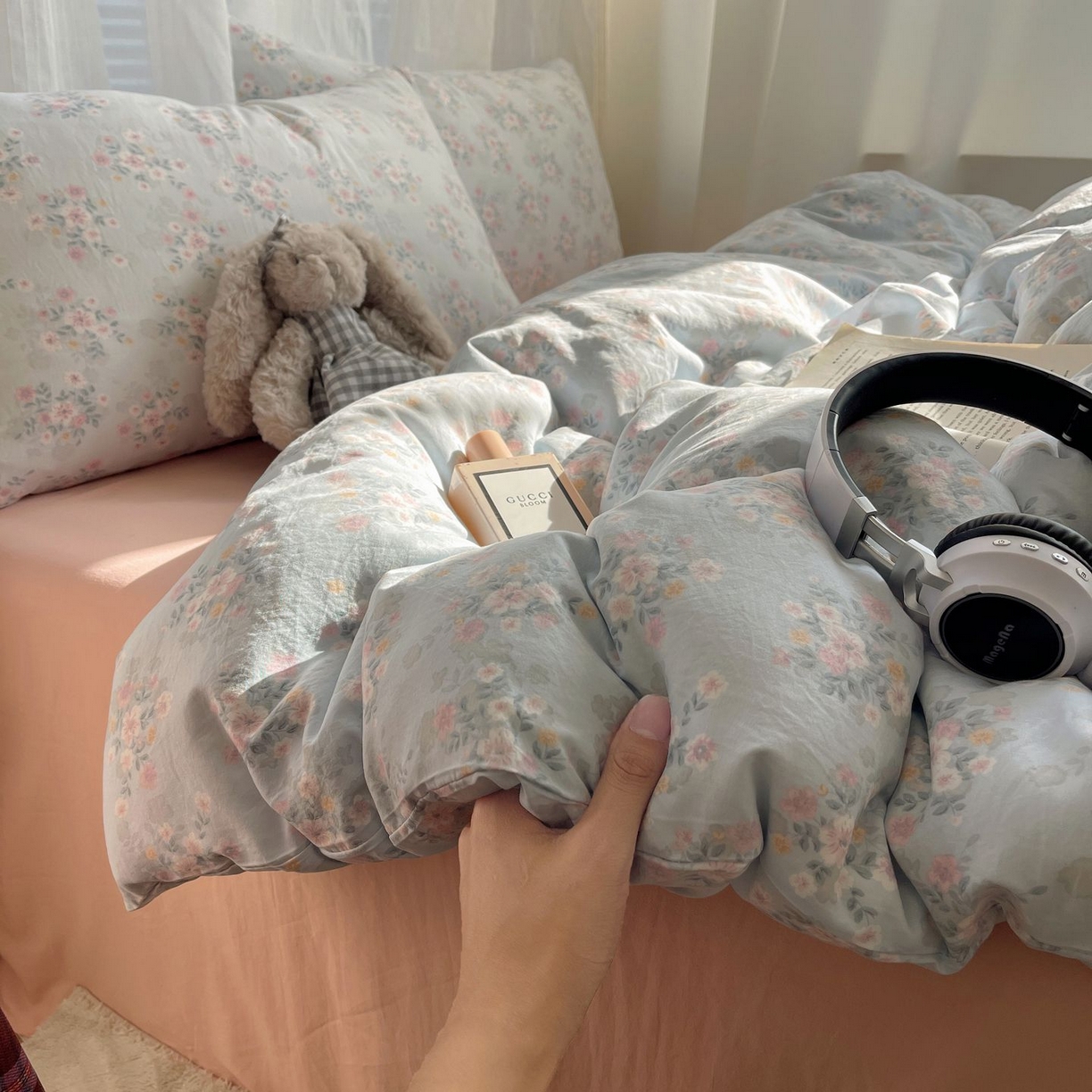 91家纺网 家纺一手货源 找家纺 初念 2026新款A类小清新古法简约水洗棉四件套 气泡蓝莓