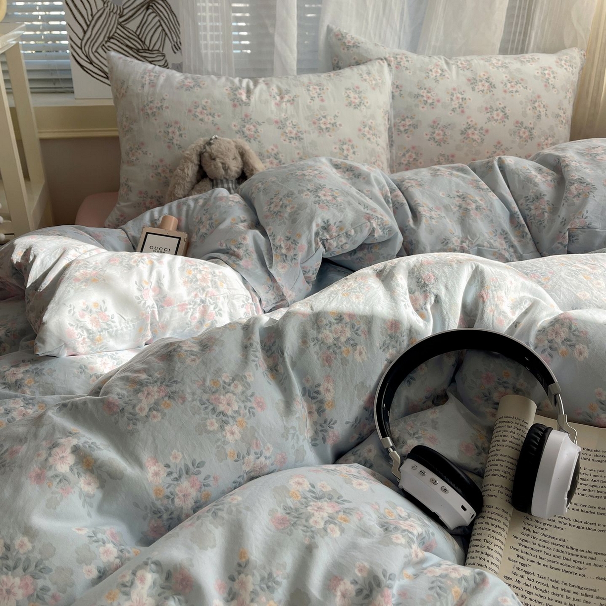 91家纺网 家纺一手货源 找家纺 初念 2026新款A类小清新古法简约水洗棉四件套 气泡蓝莓