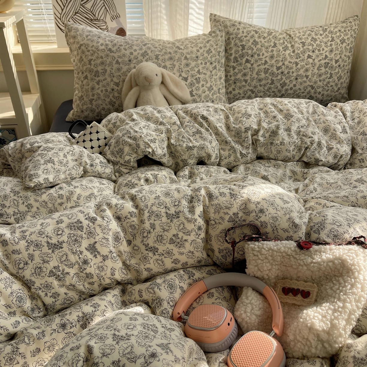 91家纺网 家纺一手货源 找家纺 初念 2026新款A类小清新古法简约水洗棉四件套 山月枇杷