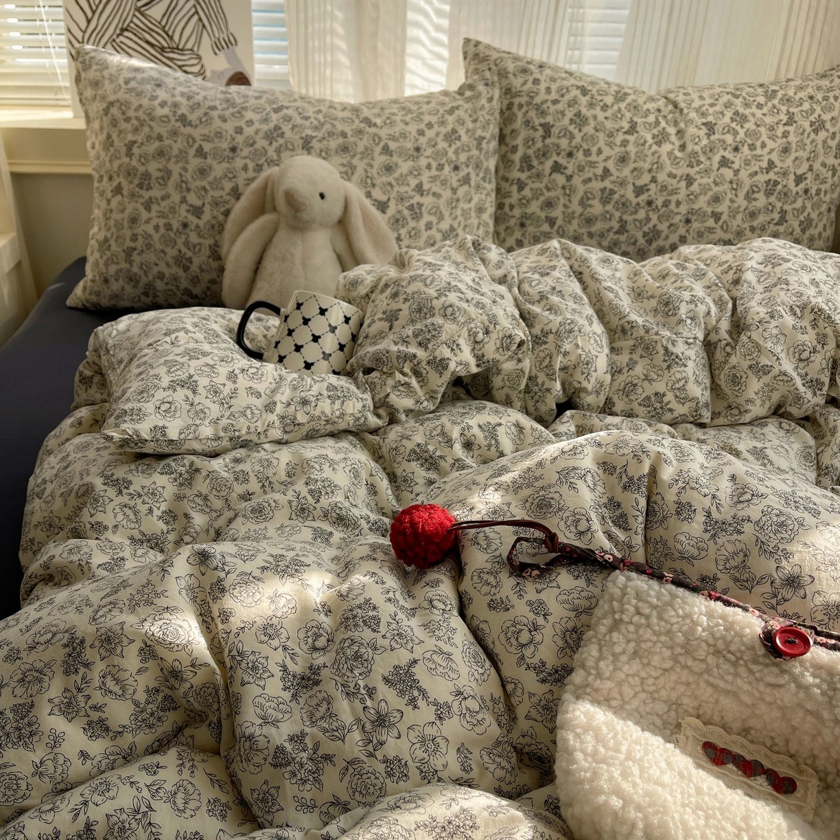 91家纺网 家纺一手货源 找家纺 初念 2026新款A类小清新古法简约水洗棉四件套 山月枇杷