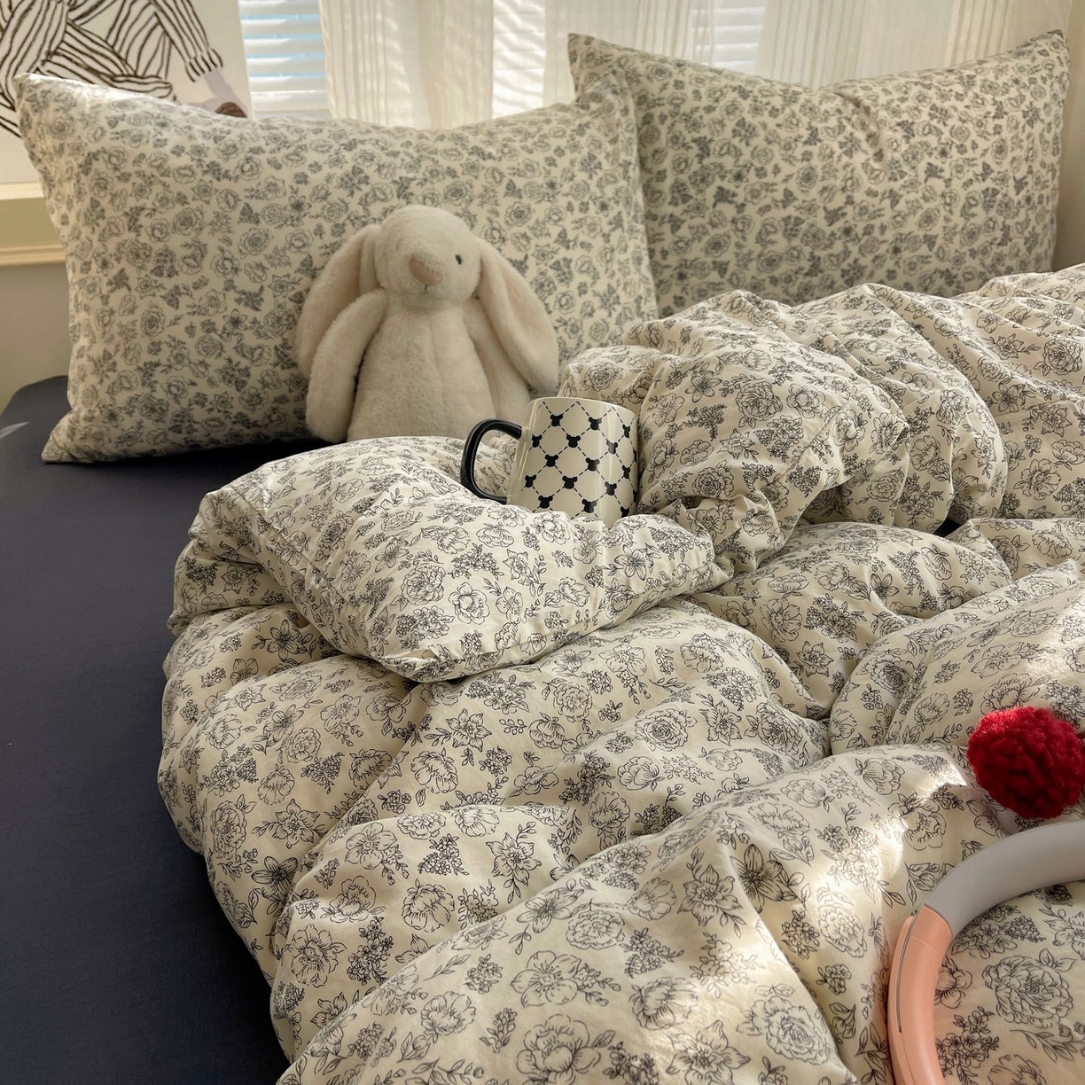 91家纺网 家纺一手货源 找家纺 初念 2026新款A类小清新古法简约水洗棉四件套 山月枇杷