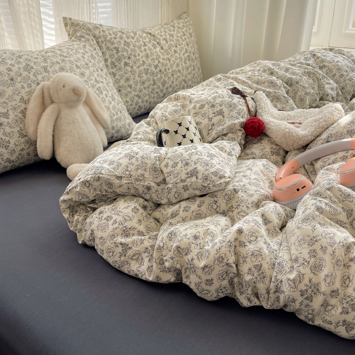 91家纺网 家纺一手货源 找家纺 初念 2026新款A类小清新古法简约水洗棉四件套 山月枇杷