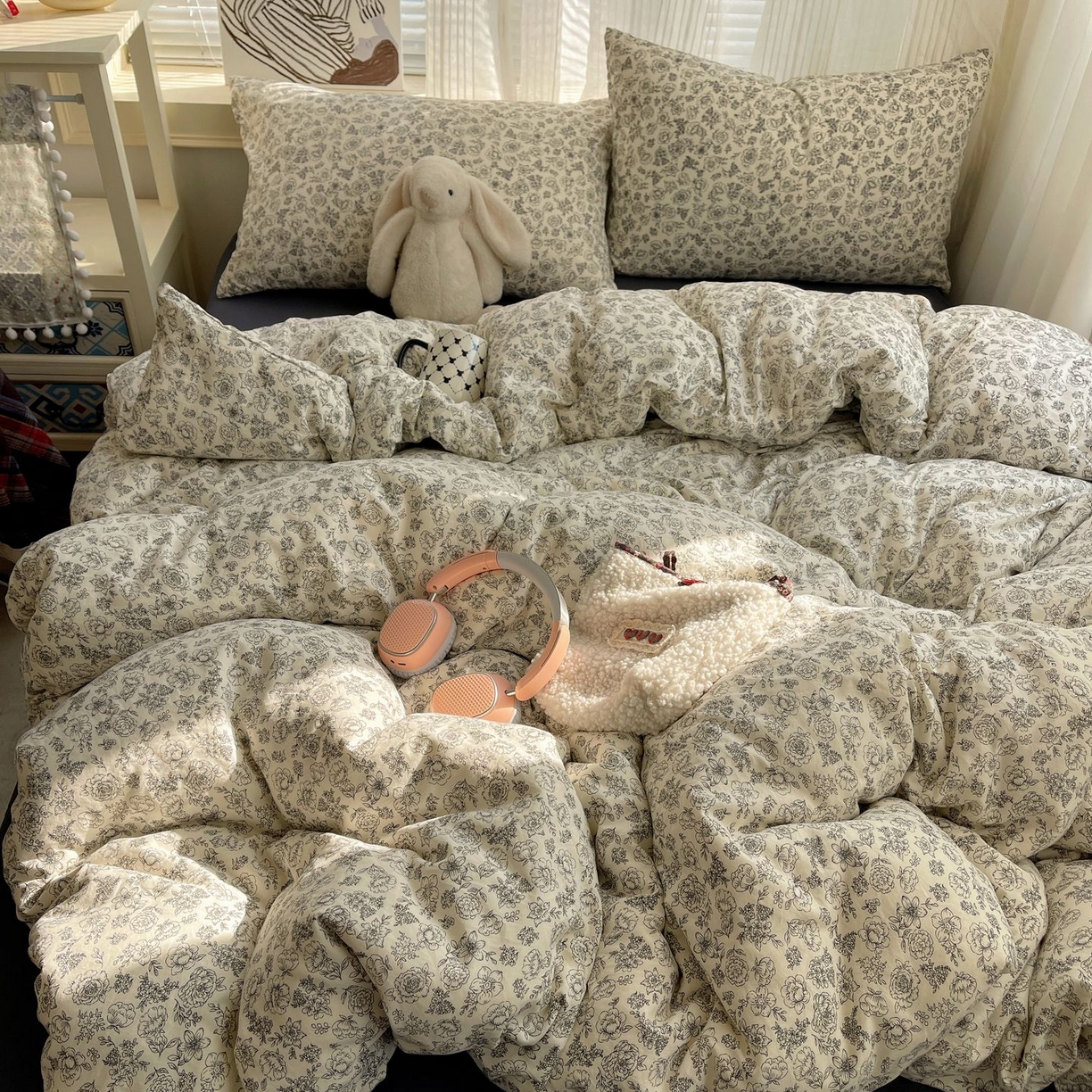 91家纺网 家纺一手货源 找家纺 初念 2026新款A类小清新古法简约水洗棉四件套 山月枇杷