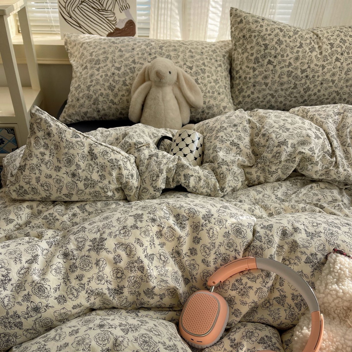 91家纺网 家纺一手货源 找家纺 初念 2026新款A类小清新古法简约水洗棉四件套 山月枇杷