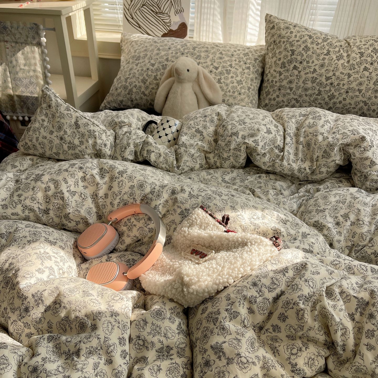 91家纺网 家纺一手货源 找家纺 初念 2026新款A类小清新古法简约水洗棉四件套 山月枇杷