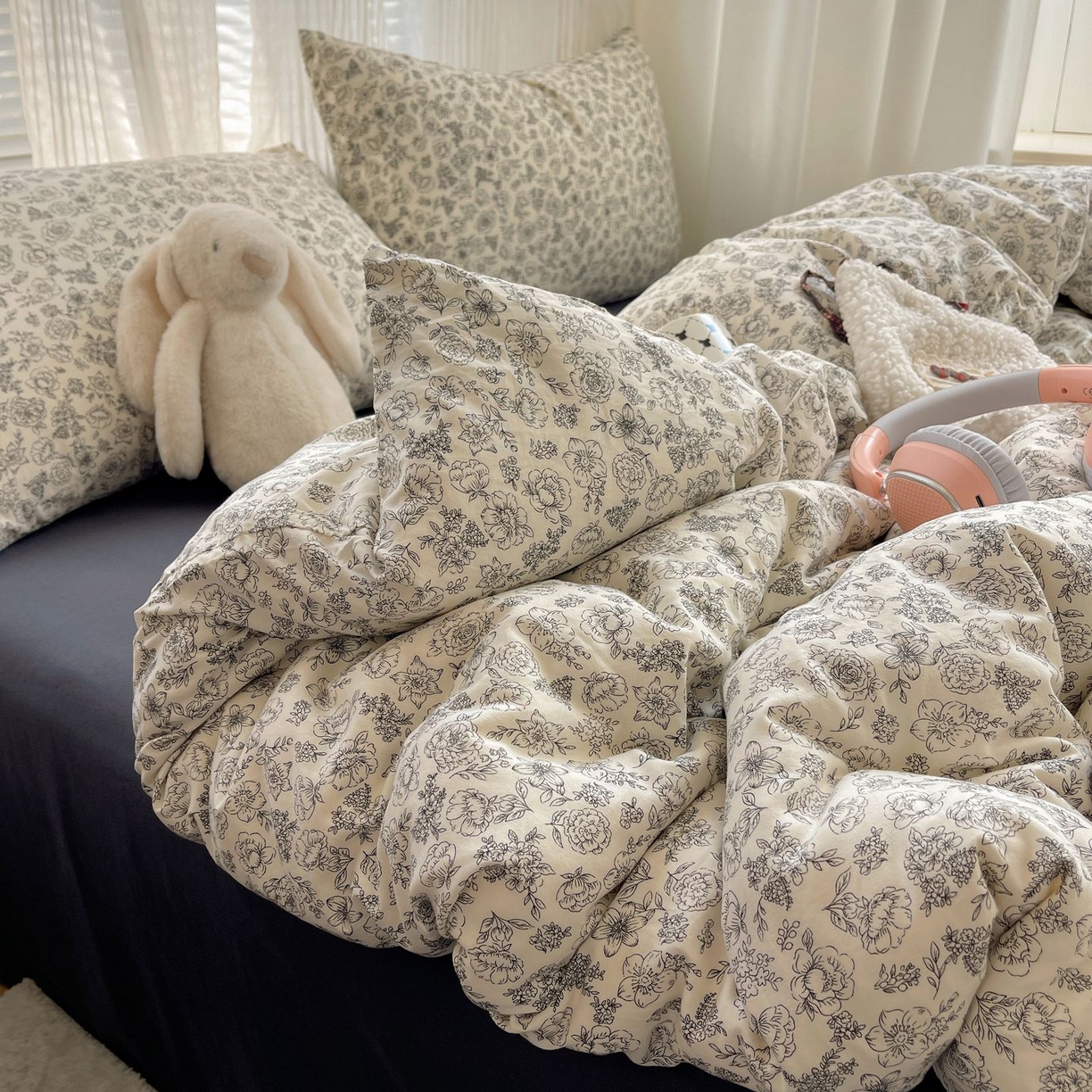 91家纺网 家纺一手货源 找家纺 初念 2026新款A类小清新古法简约水洗棉四件套 山月枇杷