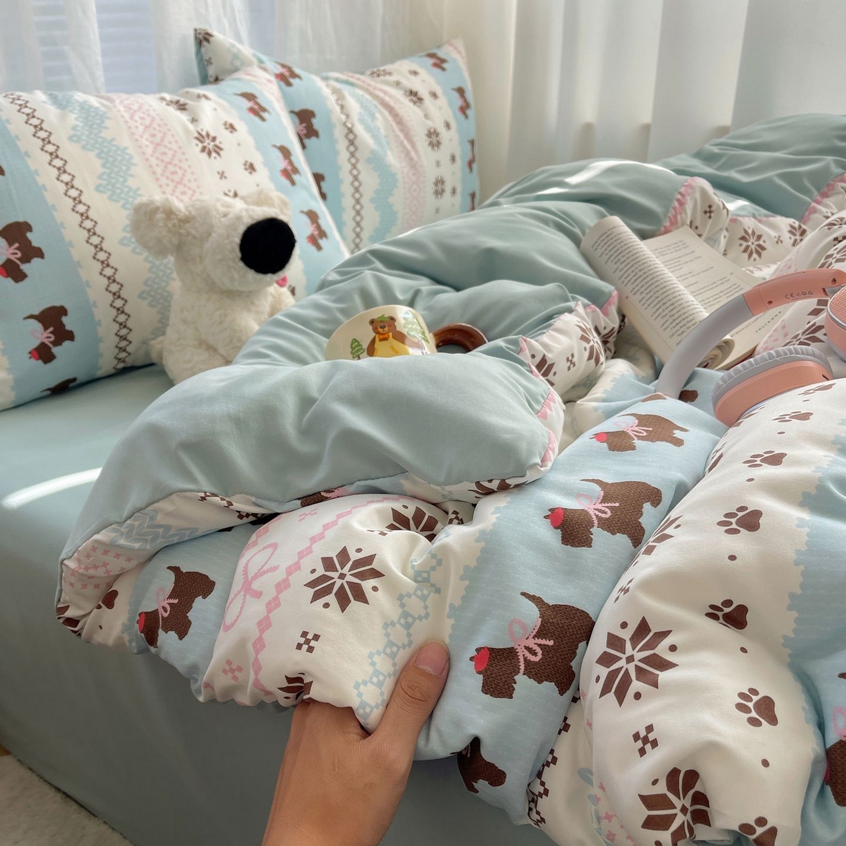 91家纺网 家纺一手货源 找家纺 初念 2026新款A类小清新古法简约水洗棉四件套 小狗脆脆鲨