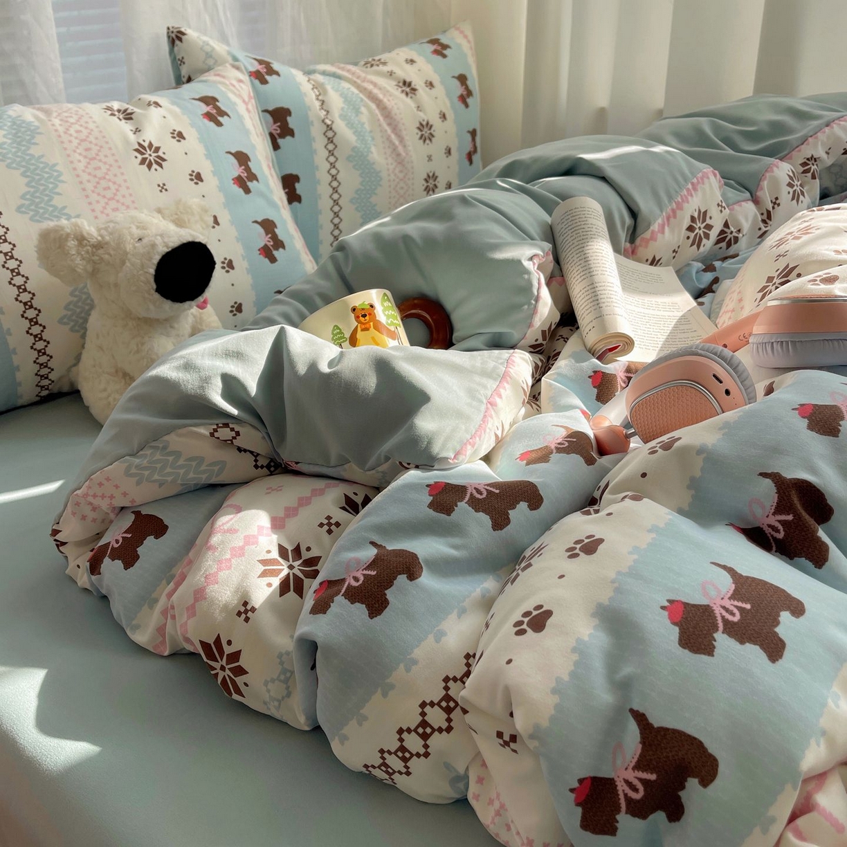 91家纺网 家纺一手货源 找家纺 初念 2026新款A类小清新古法简约水洗棉四件套 小狗脆脆鲨