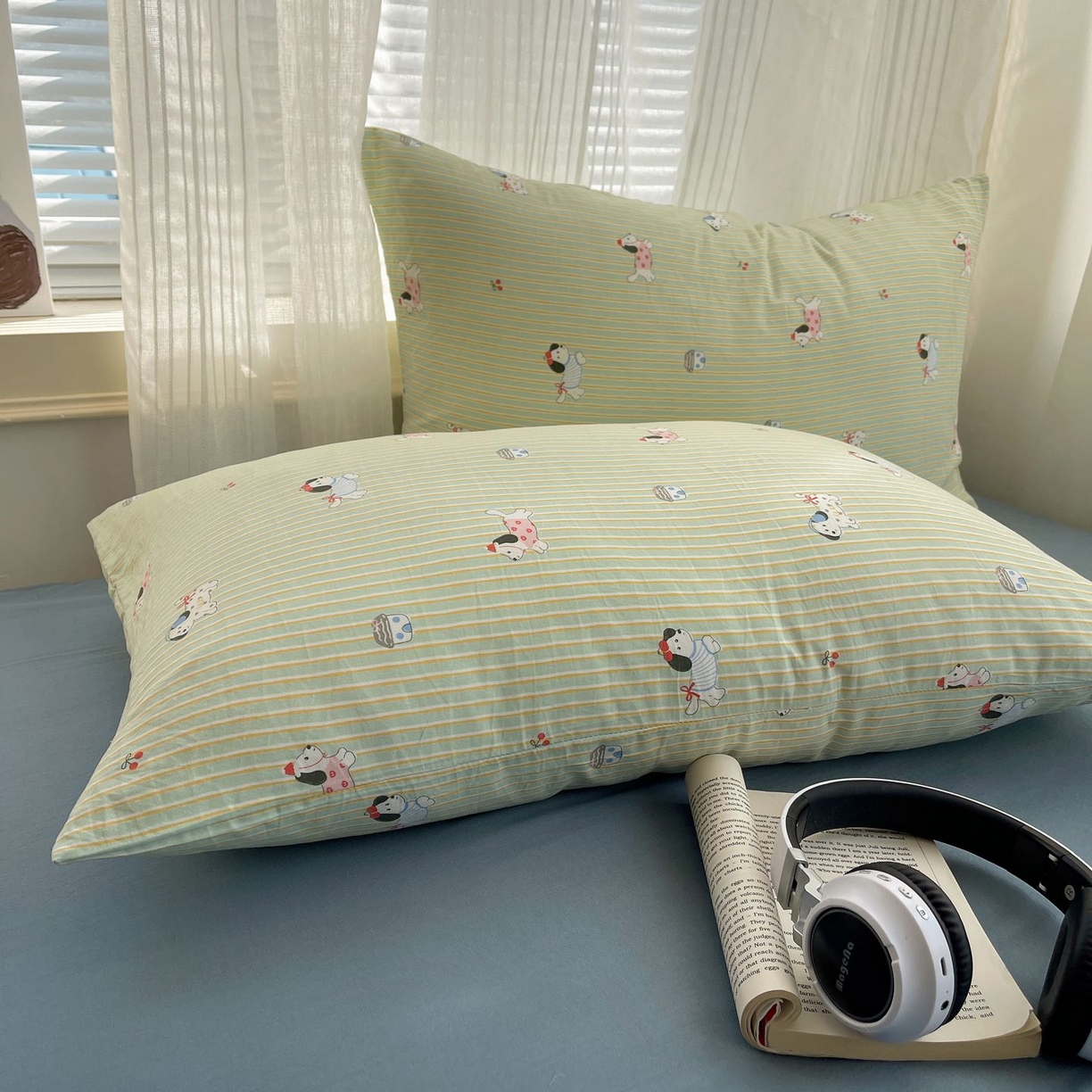 91家纺网 家纺一手货源 找家纺 初念 2026新款A类小清新古法简约水洗棉四件套 小狗心情