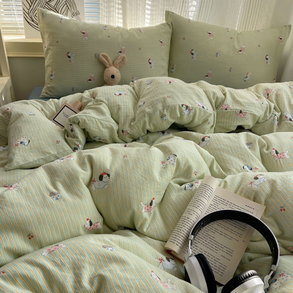 91家纺网 家纺一手货源 找家纺 初念 2026新款A类小清新古法简约水洗棉四件套 小狗心情