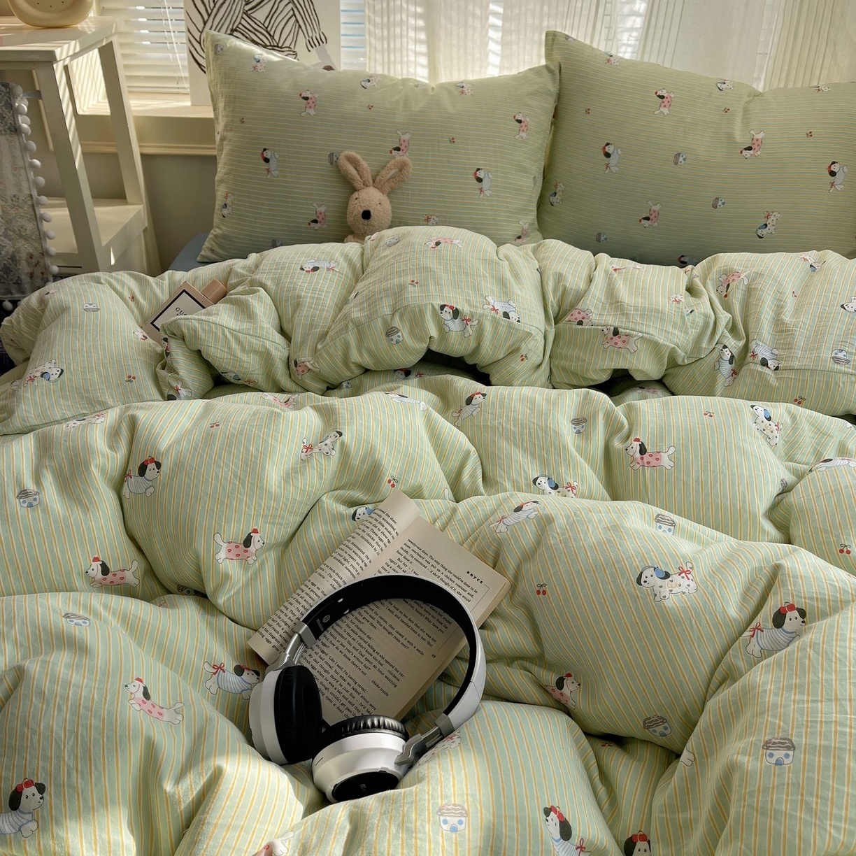 91家纺网 家纺一手货源 找家纺 初念 2026新款A类小清新古法简约水洗棉四件套 小狗心情