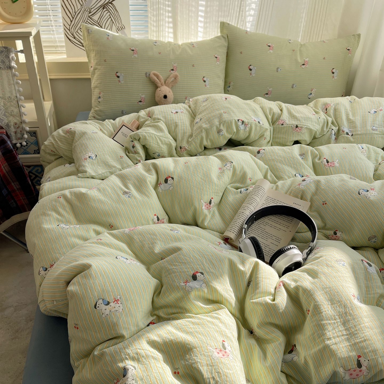 91家纺网 家纺一手货源 找家纺 初念 2026新款A类小清新古法简约水洗棉四件套 小狗心情