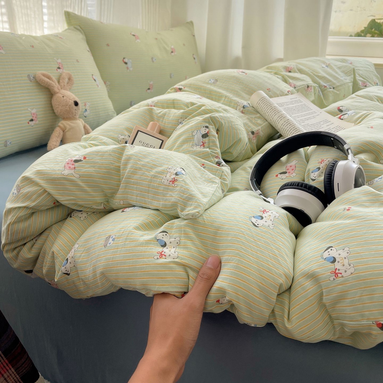 91家纺网 家纺一手货源 找家纺 初念 2026新款A类小清新古法简约水洗棉四件套 小狗心情