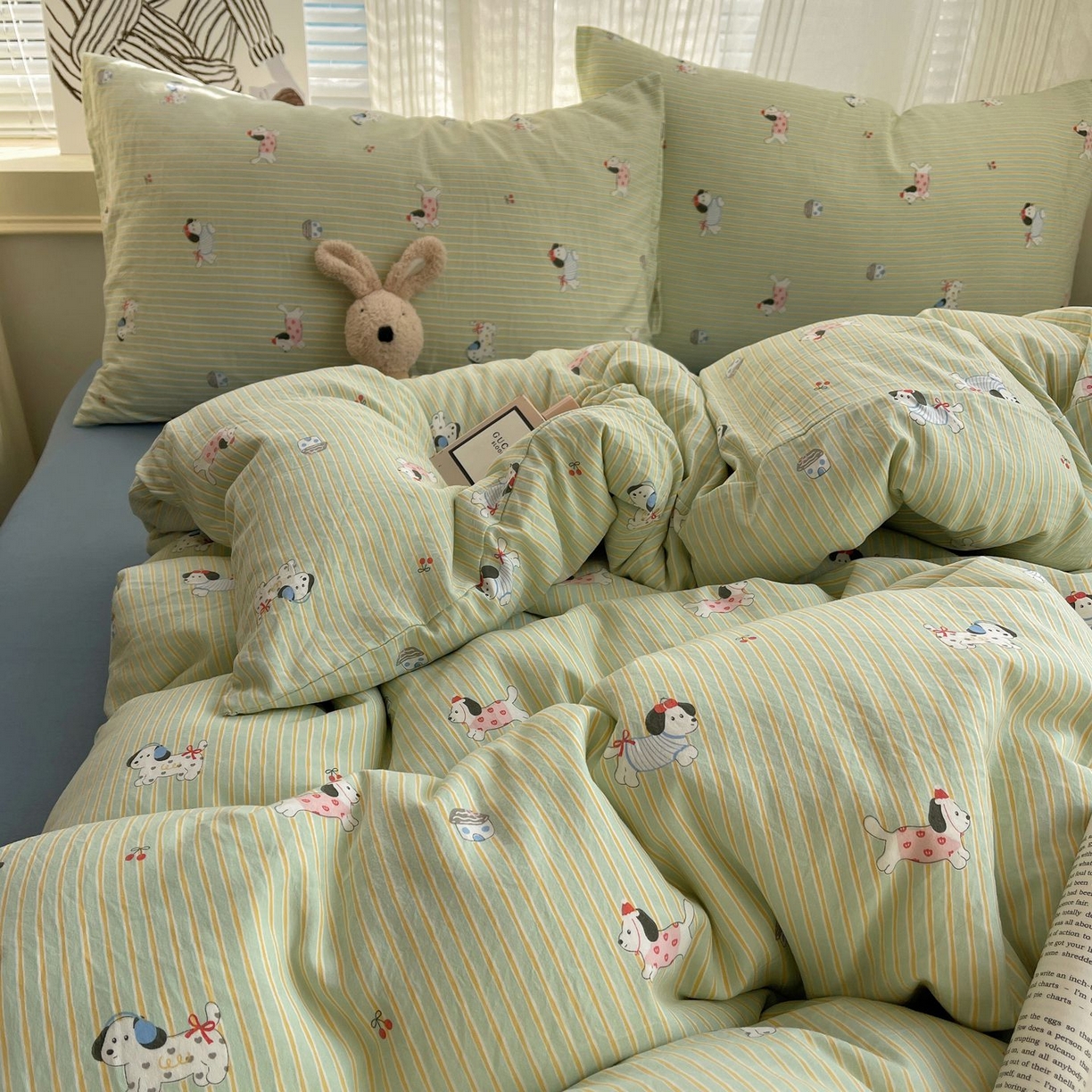 91家纺网 家纺一手货源 找家纺 初念 2026新款A类小清新古法简约水洗棉四件套 小狗心情