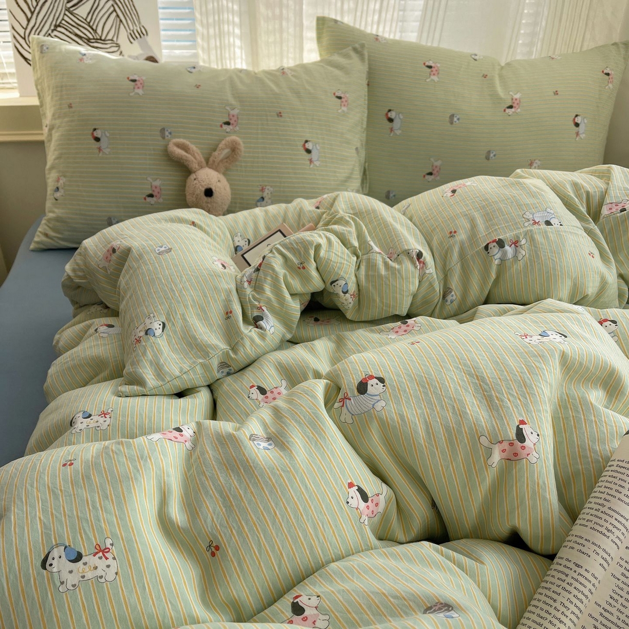 91家纺网 家纺一手货源 找家纺 初念 2026新款A类小清新古法简约水洗棉四件套 小狗心情