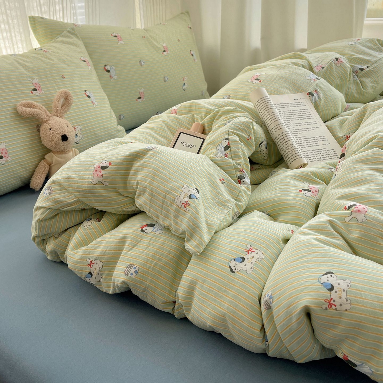 91家纺网 家纺一手货源 找家纺 初念 2026新款A类小清新古法简约水洗棉四件套 小狗心情