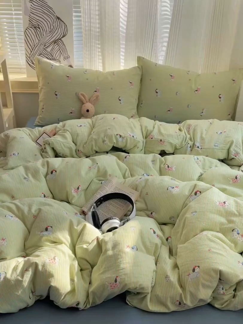 91家纺网 家纺一手货源 找家纺 初念 2026新款A类小清新古法简约水洗棉四件套 小狗心情