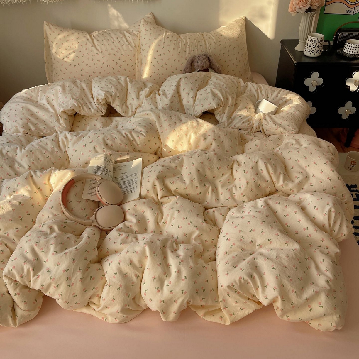 91家纺网 家纺一手货源 找家纺 初念 2026新款A类小清新古法简约水洗棉四件套 小花野