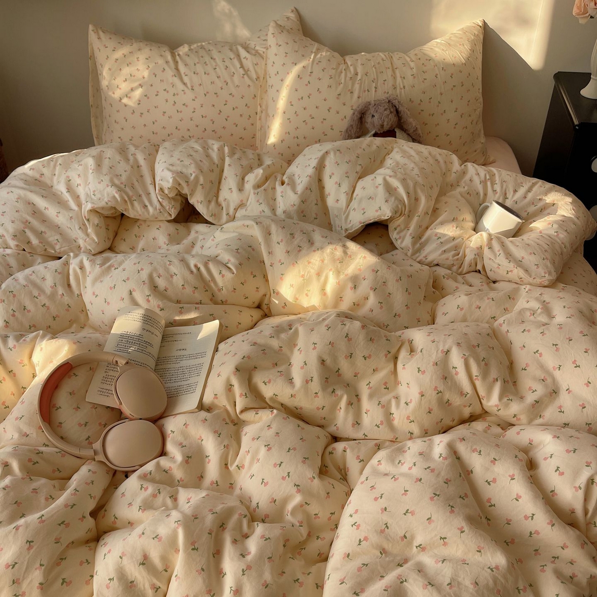 91家纺网 家纺一手货源 找家纺 初念 2026新款A类小清新古法简约水洗棉四件套 小花野