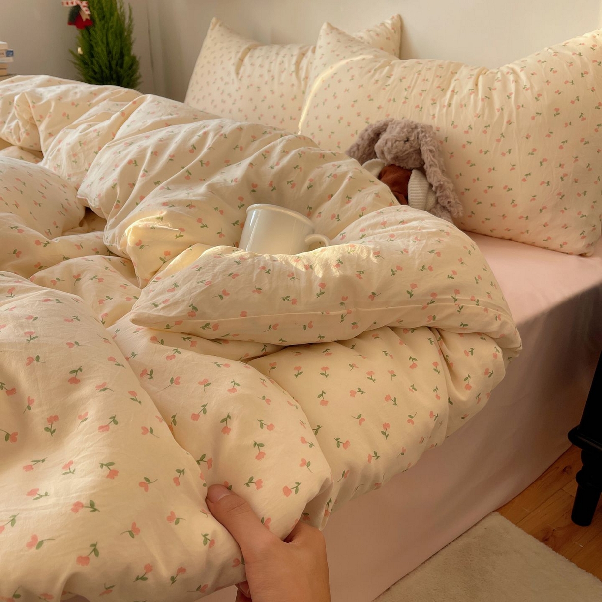 91家纺网 家纺一手货源 找家纺 初念 2026新款A类小清新古法简约水洗棉四件套 小花野