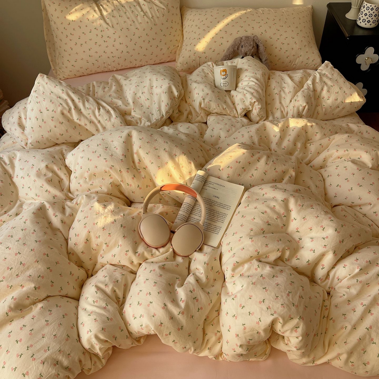 91家纺网 家纺一手货源 找家纺 初念 2026新款A类小清新古法简约水洗棉四件套 小花野