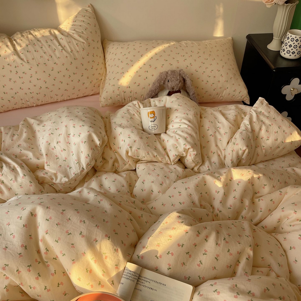 91家纺网 家纺一手货源 找家纺 初念 2026新款A类小清新古法简约水洗棉四件套 小花野