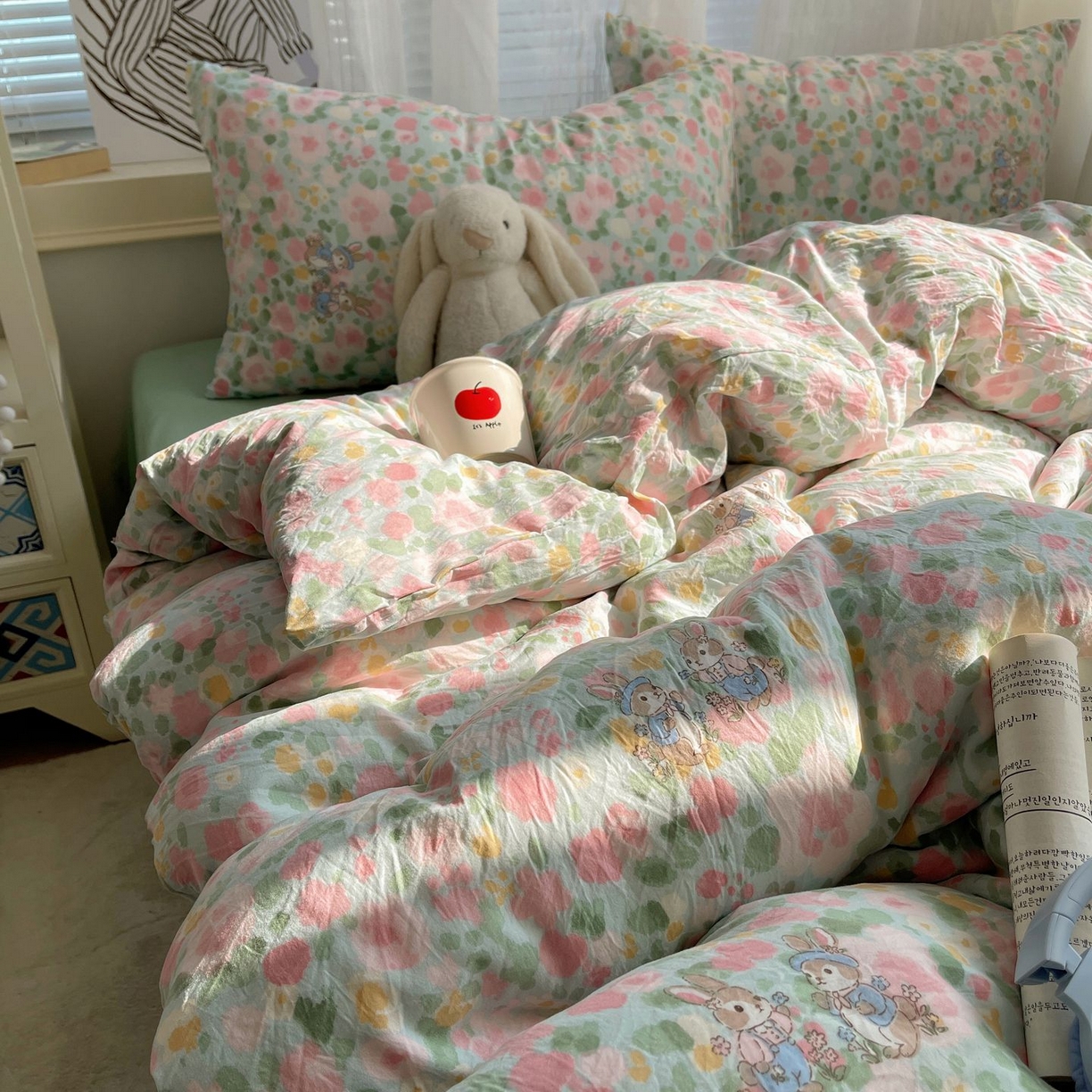 91家纺网 家纺一手货源 找家纺 初念 2026新款A类小清新古法简约水洗棉四件套 小兔岛