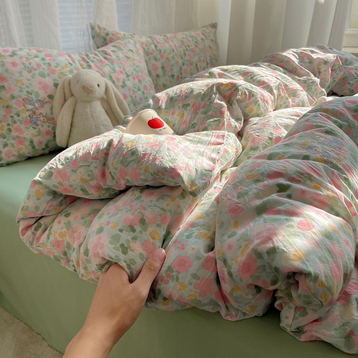 91家纺网 家纺一手货源 找家纺 初念 2026新款A类小清新古法简约水洗棉四件套 小兔岛