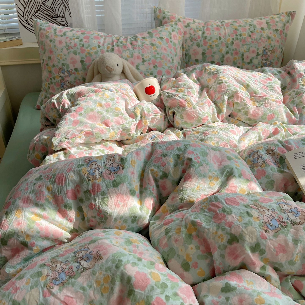 91家纺网 家纺一手货源 找家纺 初念 2026新款A类小清新古法简约水洗棉四件套 小兔岛