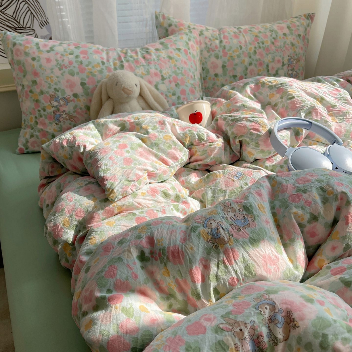 91家纺网 家纺一手货源 找家纺 初念 2026新款A类小清新古法简约水洗棉四件套 小兔岛