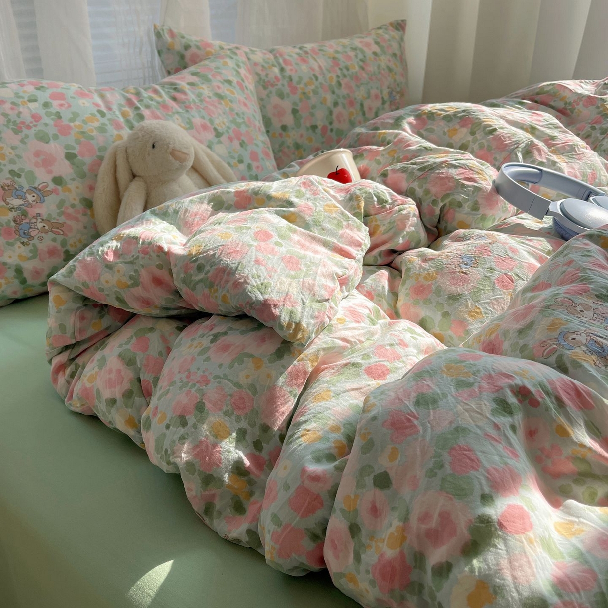 91家纺网 家纺一手货源 找家纺 初念 2026新款A类小清新古法简约水洗棉四件套 小兔岛