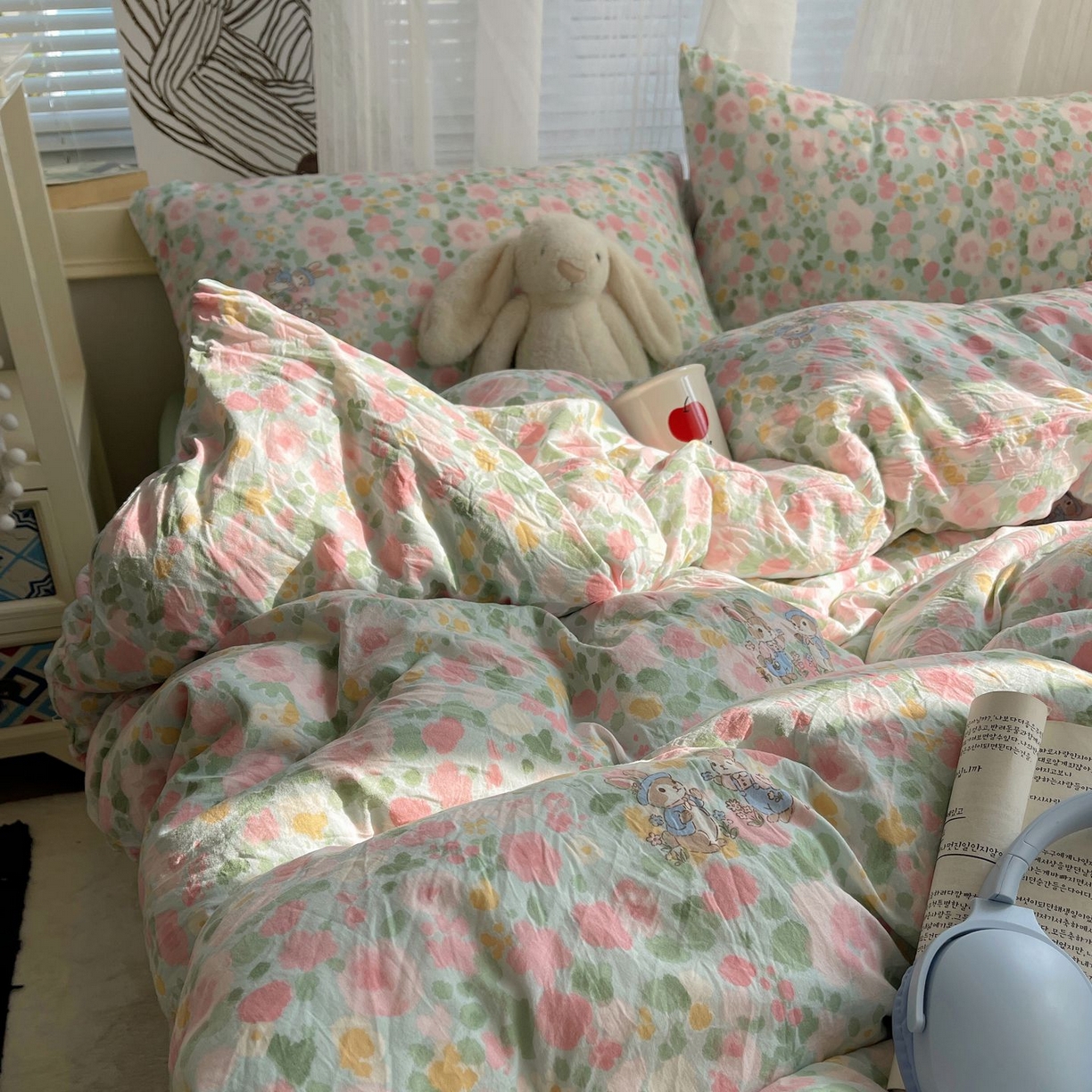 91家纺网 家纺一手货源 找家纺 初念 2026新款A类小清新古法简约水洗棉四件套 小兔岛