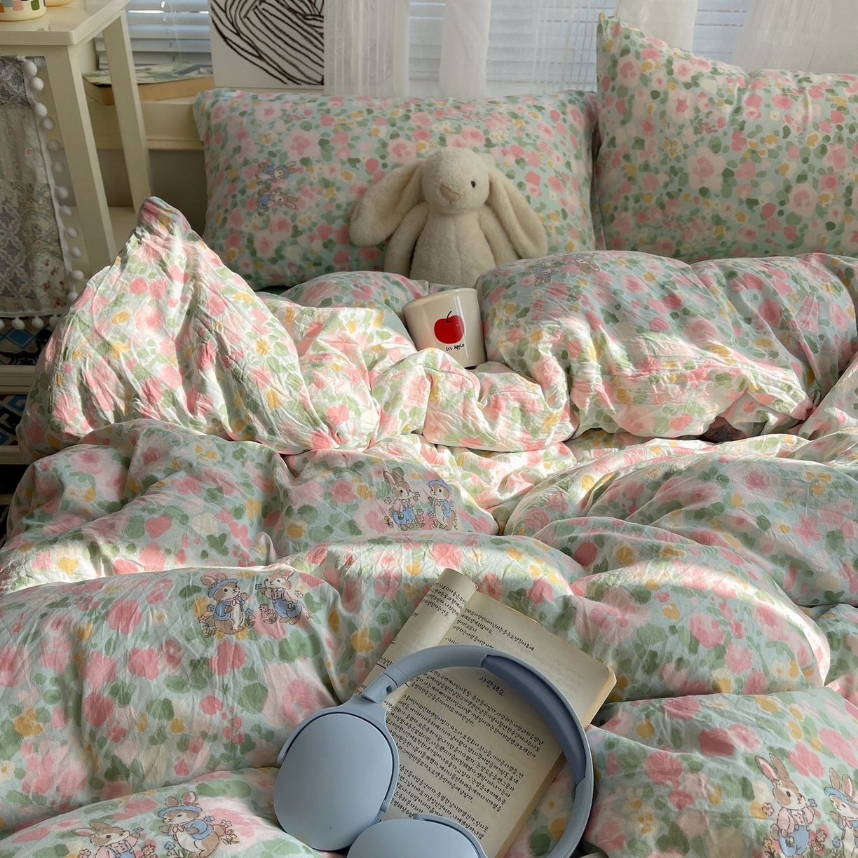 91家纺网 家纺一手货源 找家纺 初念 2026新款A类小清新古法简约水洗棉四件套 小兔岛