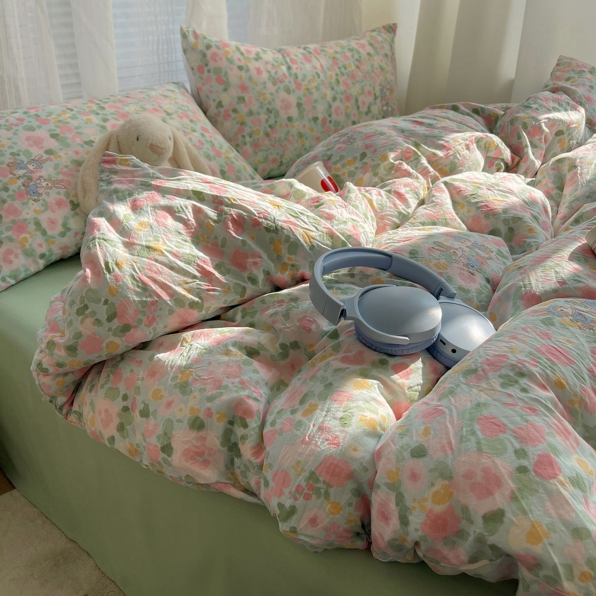 91家纺网 家纺一手货源 找家纺 初念 2026新款A类小清新古法简约水洗棉四件套 小兔岛