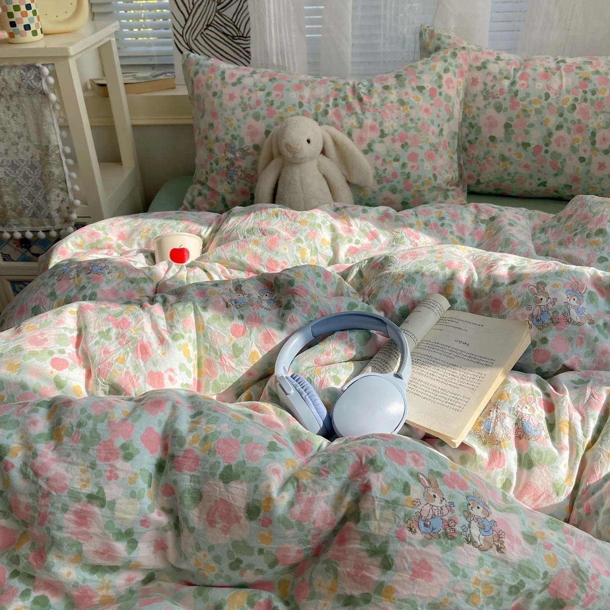 91家纺网 家纺一手货源 找家纺 初念 2026新款A类小清新古法简约水洗棉四件套 小兔岛