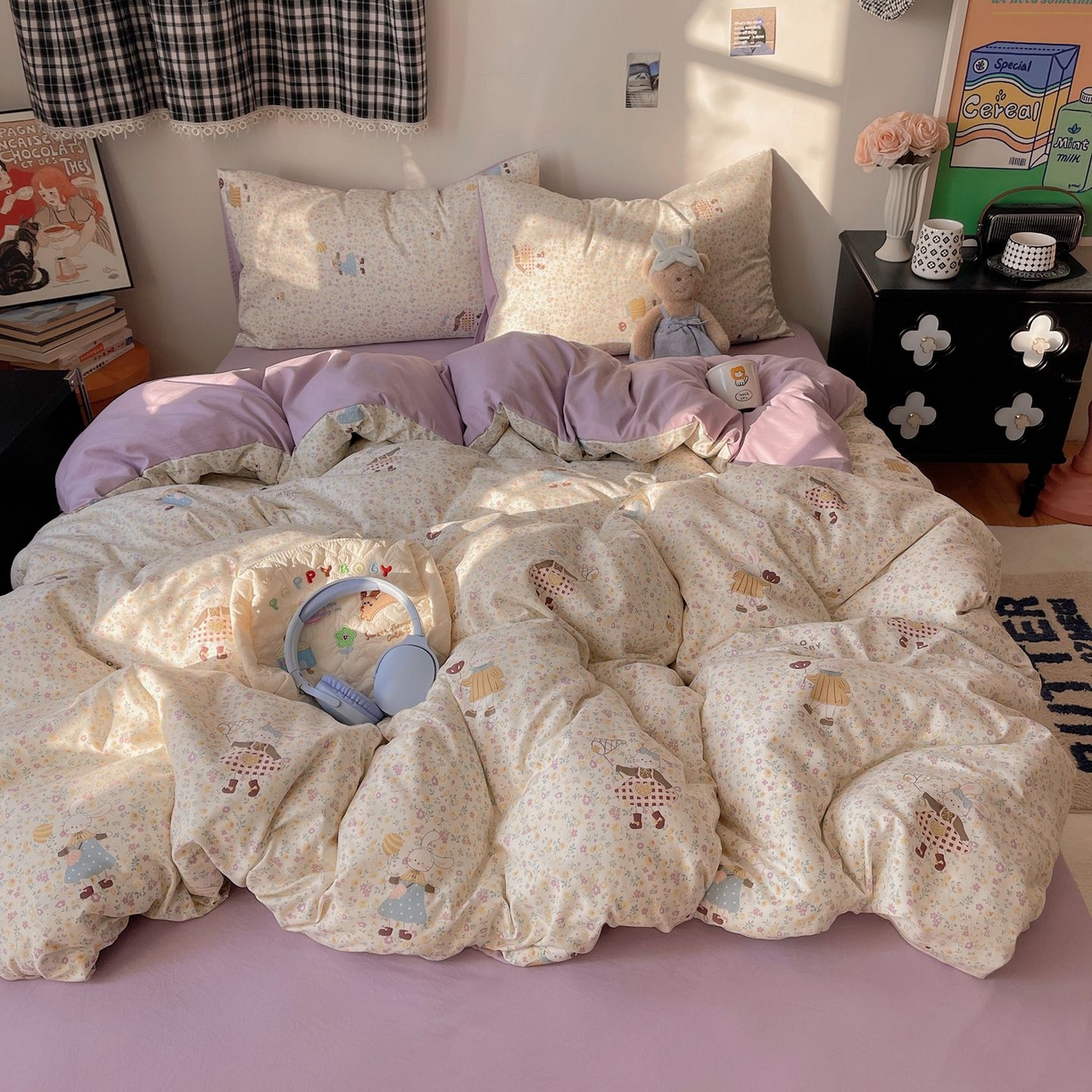 91家纺网 家纺一手货源 找家纺 初念 2026新款A类小清新古法简约水洗棉四件套 小兔莉莉