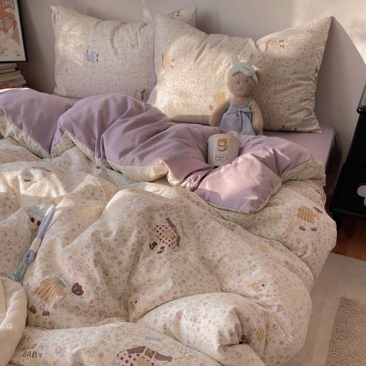 91家纺网 家纺一手货源 找家纺 初念 2026新款A类小清新古法简约水洗棉四件套 小兔莉莉