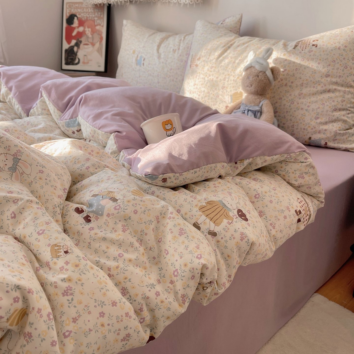 91家纺网 家纺一手货源 找家纺 初念 2026新款A类小清新古法简约水洗棉四件套 小兔莉莉