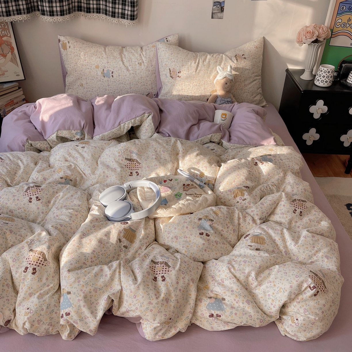 91家纺网 家纺一手货源 找家纺 初念 2026新款A类小清新古法简约水洗棉四件套 小兔莉莉