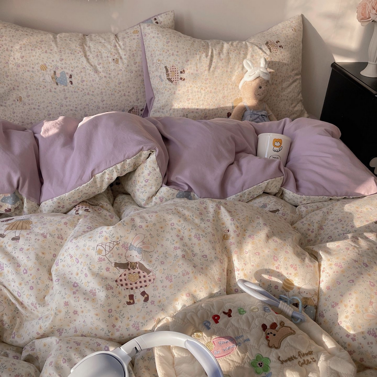 91家纺网 家纺一手货源 找家纺 初念 2026新款A类小清新古法简约水洗棉四件套 小兔莉莉