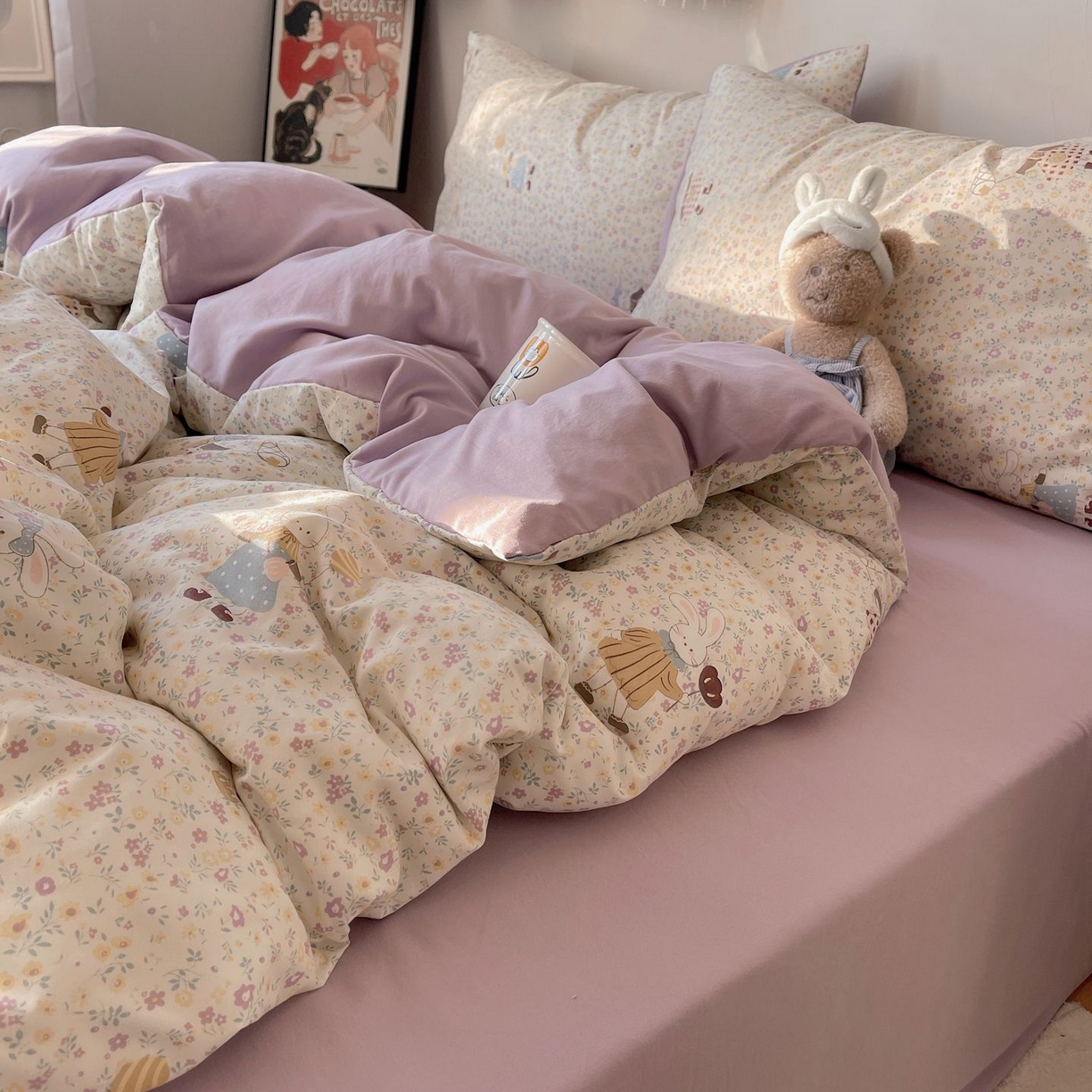 91家纺网 家纺一手货源 找家纺 初念 2026新款A类小清新古法简约水洗棉四件套 小兔莉莉