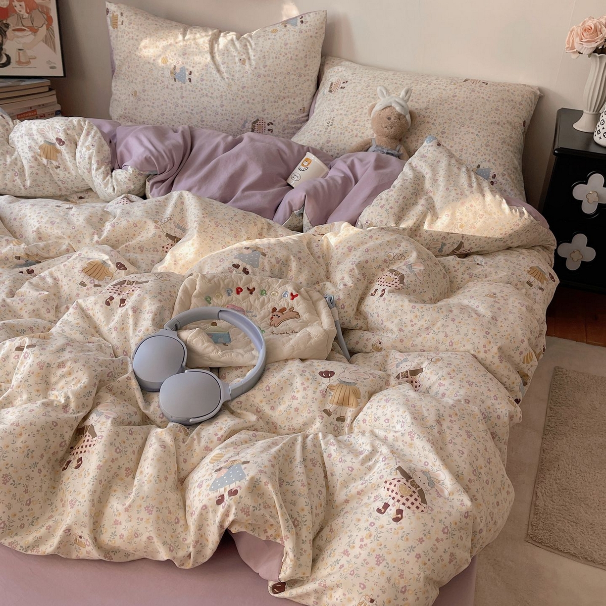 91家纺网 家纺一手货源 找家纺 初念 2026新款A类小清新古法简约水洗棉四件套 小兔莉莉