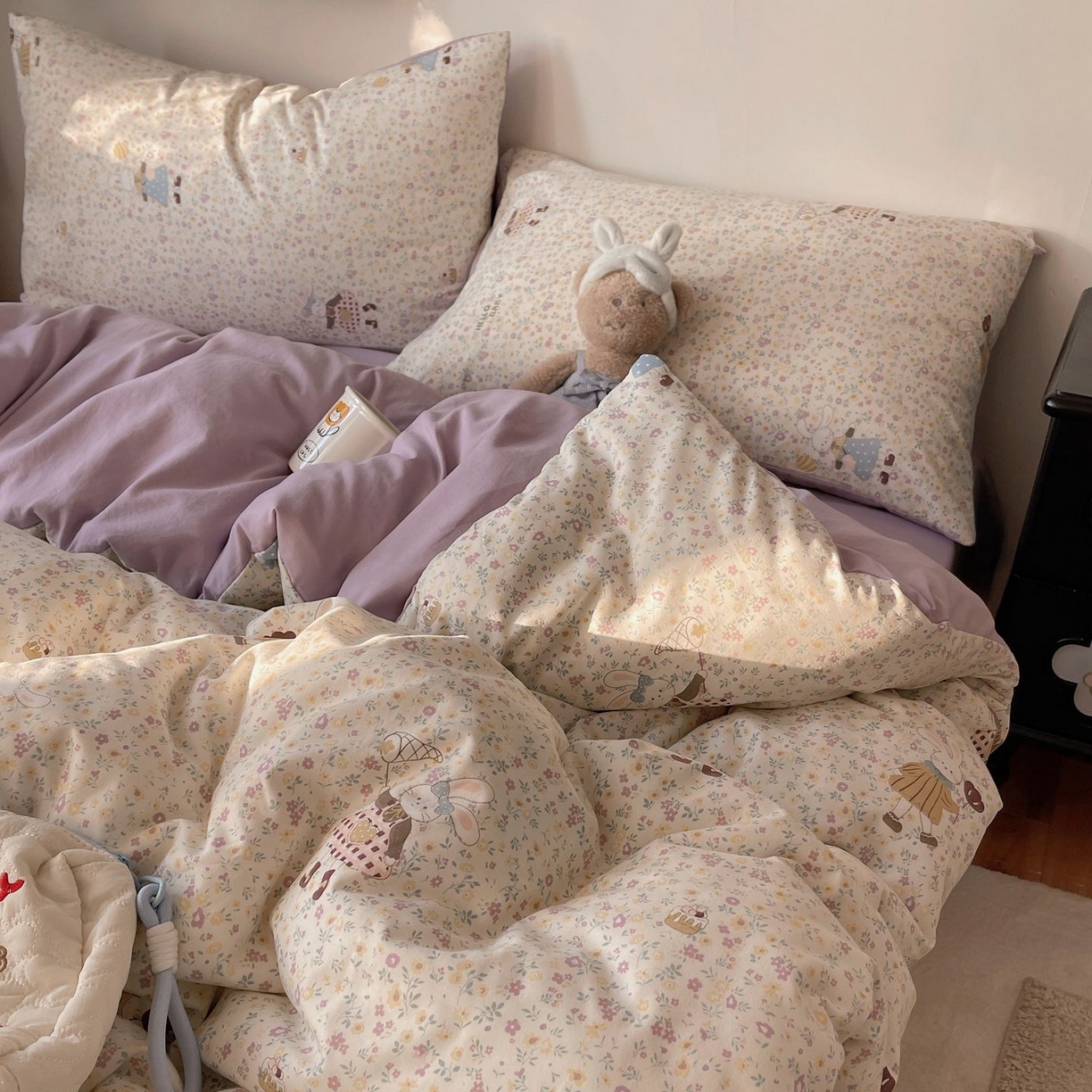 91家纺网 家纺一手货源 找家纺 初念 2026新款A类小清新古法简约水洗棉四件套 小兔莉莉