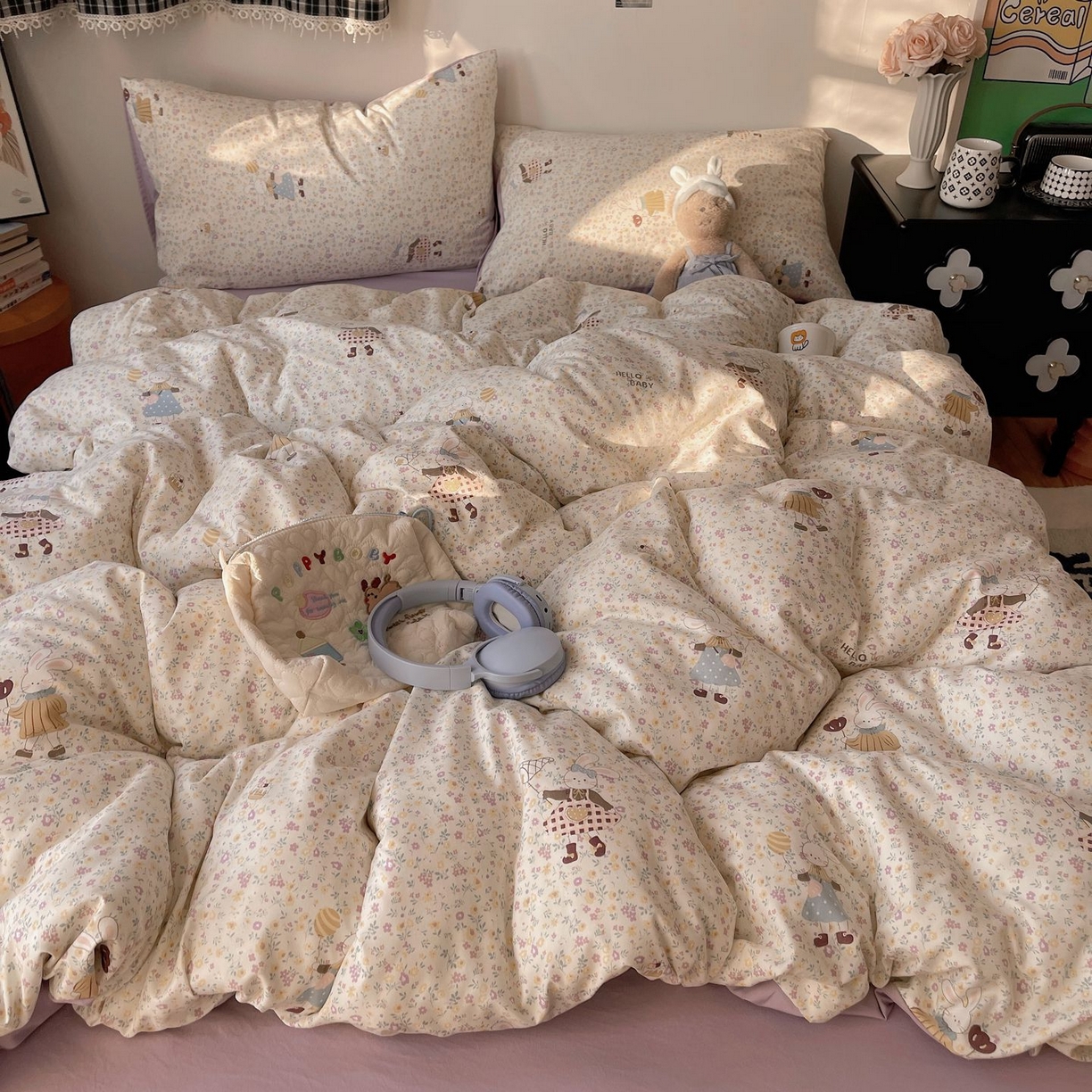 91家纺网 家纺一手货源 找家纺 初念 2026新款A类小清新古法简约水洗棉四件套 小兔莉莉