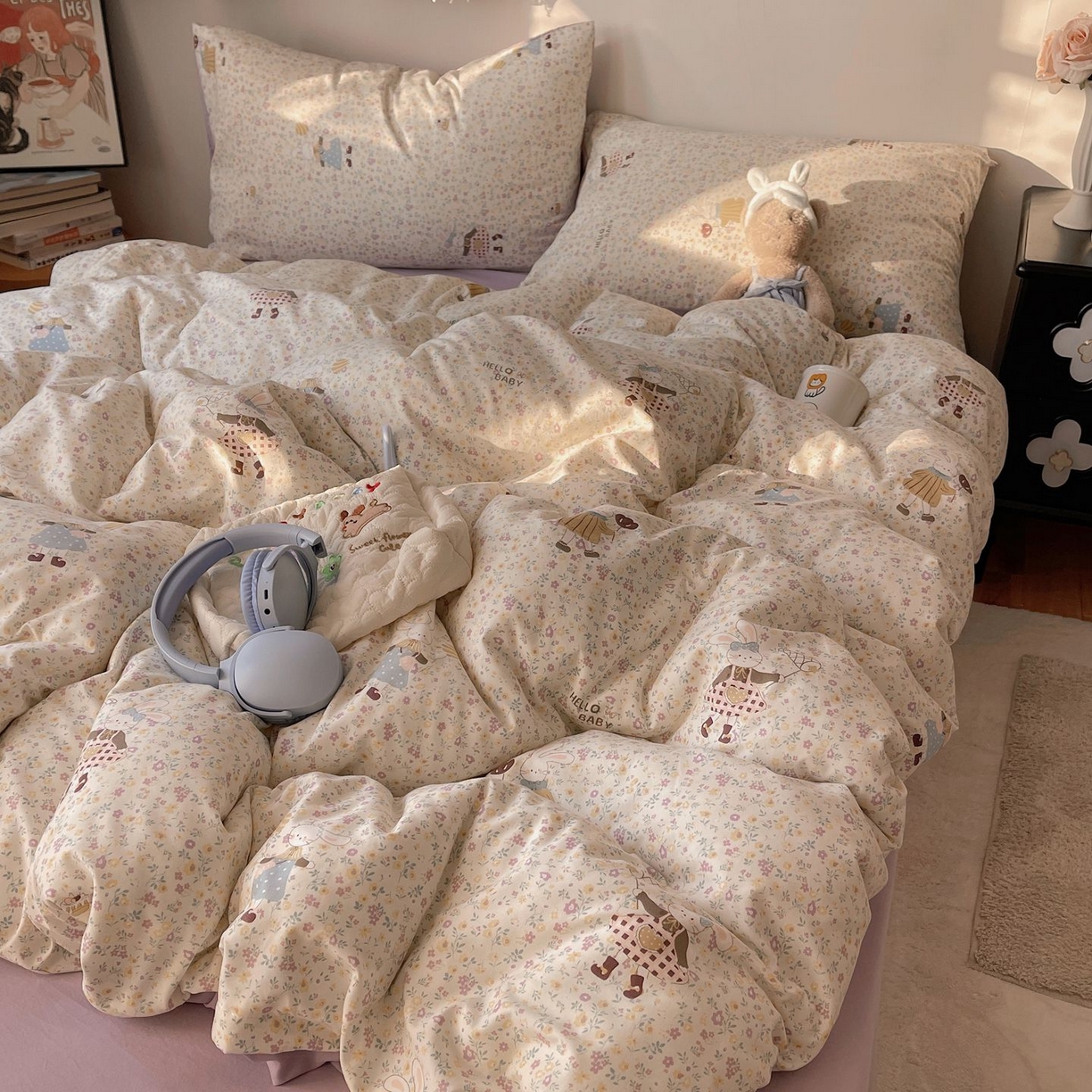 91家纺网 家纺一手货源 找家纺 初念 2026新款A类小清新古法简约水洗棉四件套 小兔莉莉