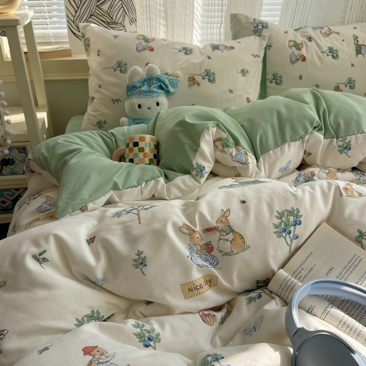 91家纺网 家纺一手货源 找家纺 初念 2026新款A类小清新古法简约水洗棉四件套 小兔弦音