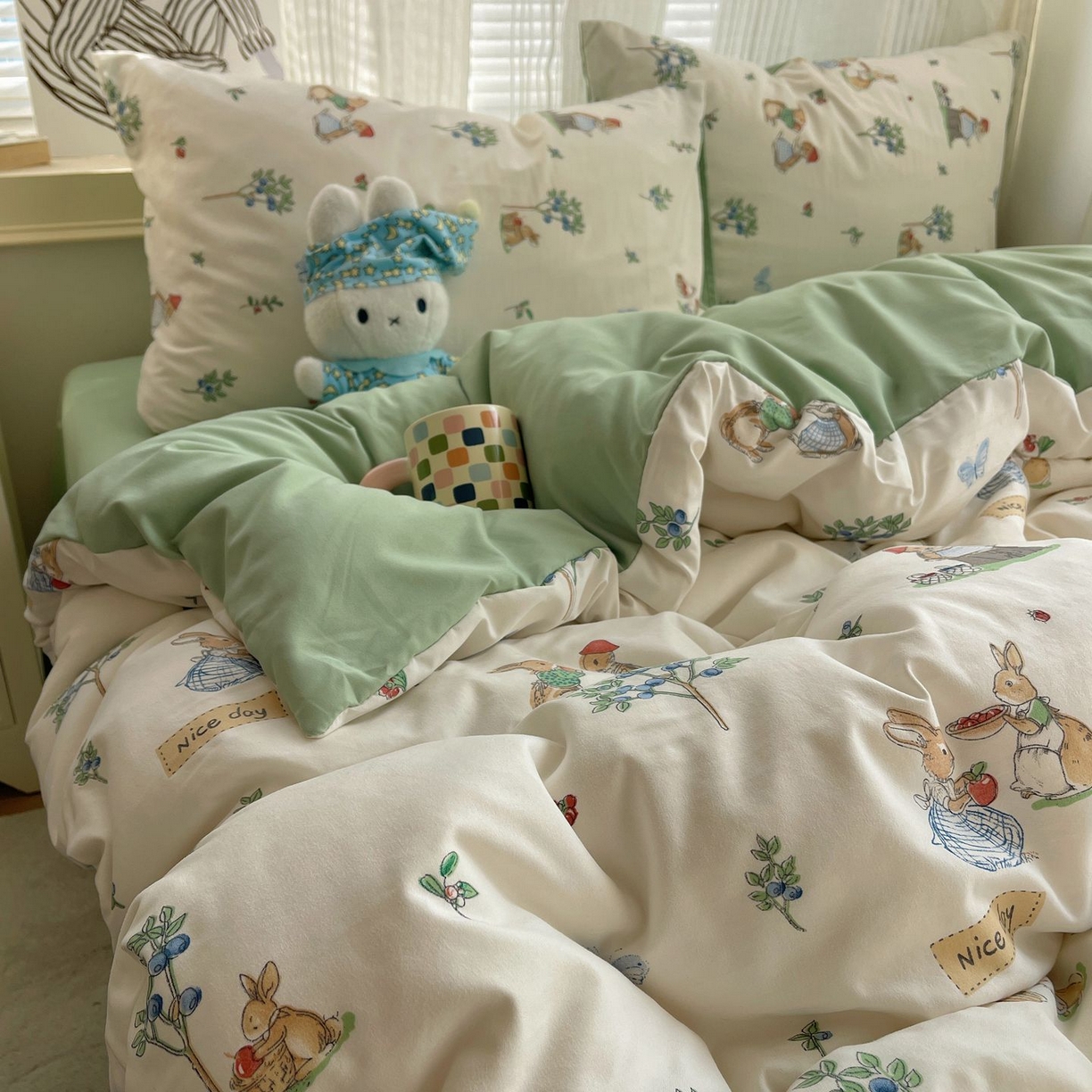 91家纺网 家纺一手货源 找家纺 初念 2026新款A类小清新古法简约水洗棉四件套 小兔弦音